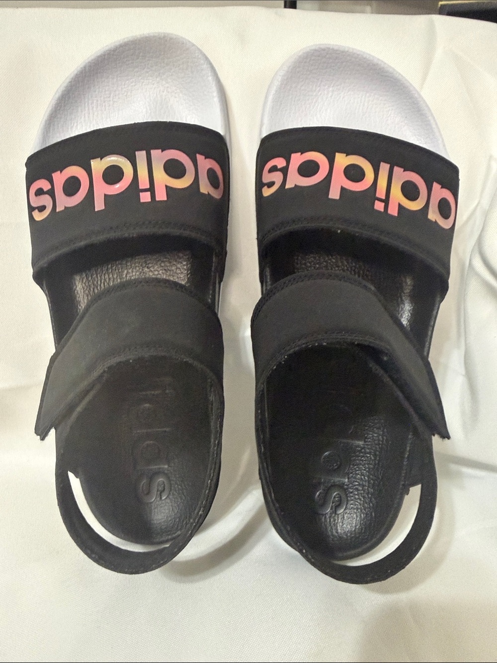 Adidas Black Slide Sandals with Pink-Gold Gradient Logo